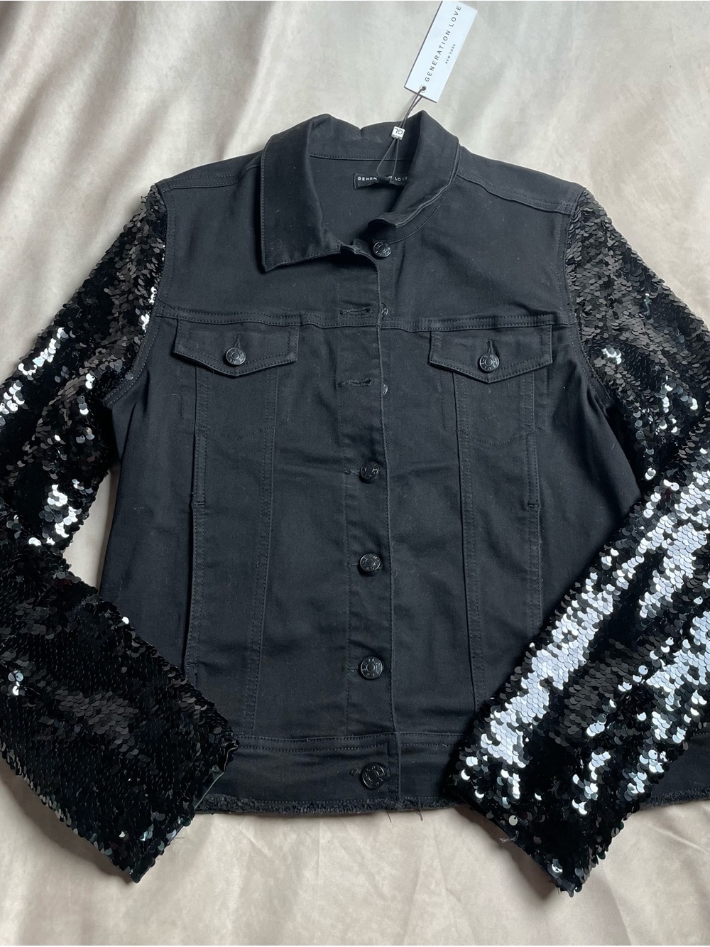 NWT Generation Love Black Denim Jacket with Sequin Sleeves